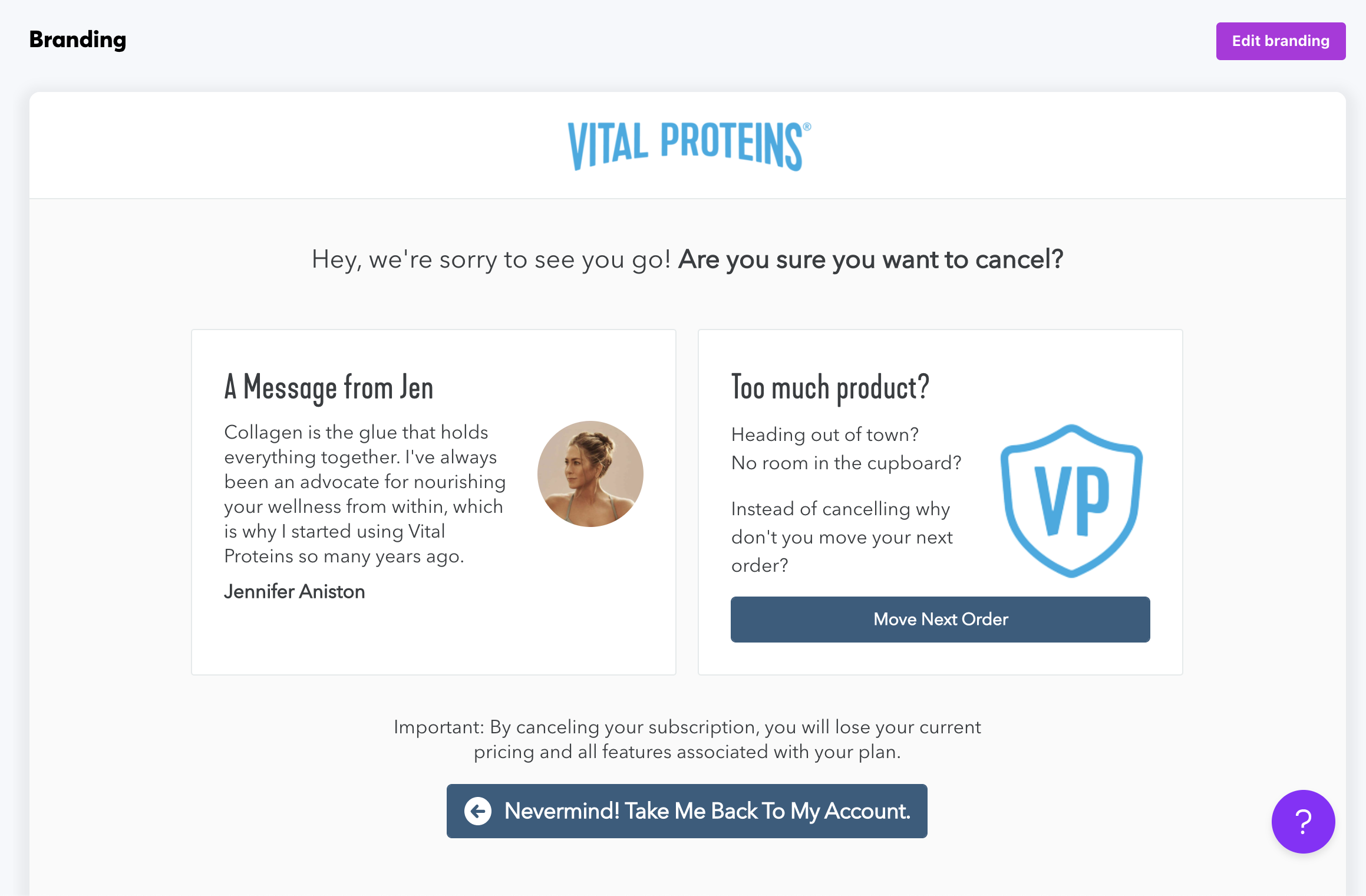 Vital Proteins' Brightback Cancel page with a familiar Friends superstar